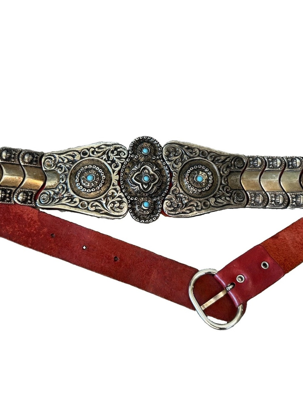 Vintage Red Leather Concho Belt Turquoise Silver Tone Western Boho 36.5” S/M - Picture 14 of 16